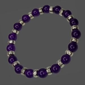 Handmade Amethyst/Silver Beaded Stretch Bracelet Boho Ethnic Tribal Native 7.5